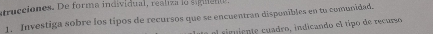 strucciones. De forma individual, realiza 1o siguiente: 
1. Investiga sobre los tipos de recursos que se encuentran disponibles en tu comunidad. 
ol sguiente cuadro, indicando el tipo de recurso