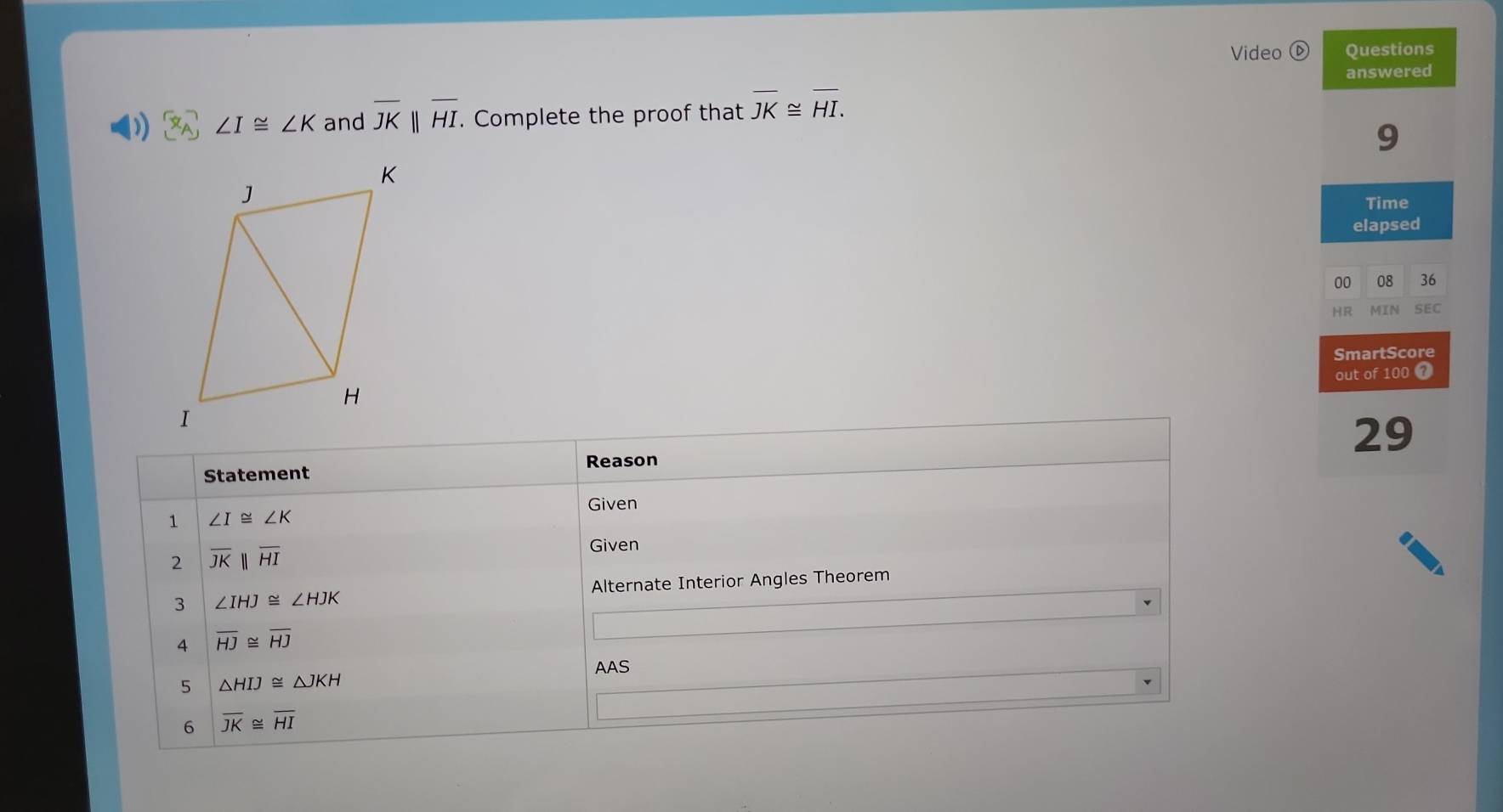 Video Questions 
answered
∠ I≌ ∠ K and overline JKparallel overline HI. Complete the proof that overline JK≌ overline HI. 
9 
Time 
elapsed 
00 08 36 
HR MIN SEC 
SmartScore 
out of 100 7 
Reason 
29 
Statement 
1 ∠ I≌ ∠ K
Given 
2 overline JKparallel overline HI
Given 
Alternate Interior Angles Theorem 
3 ∠ IHJ≌ ∠ HJK
4 overline HJ≌ overline HJ
AAS 
5 △ HIJ≌ △ JKH
6 overline JK≌ overline HI