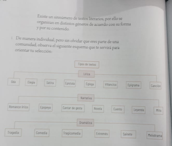 Existe un sinnúmero de textos literarios, por ello se 
organizan en distintos géneros de acuerdo con su forma 
y por su contenido. 
. De manera individual, pero sin olvidar que eres parte de una 
comunidad, observa el siguiente esquema que te servirá para 
orientar tu selección: 
Tipos de textos 
Lirica 
Ode Elegia Sátira Epistola Éginga Villancico Epigrama Canción 
Narrativa 
Romence lírico Epopeya Cantar de gesta Novela Cuento Leyenda Mito 
Dramática 
Tragedia Comedia Tragicomedia Entremes Sainete Melodrama