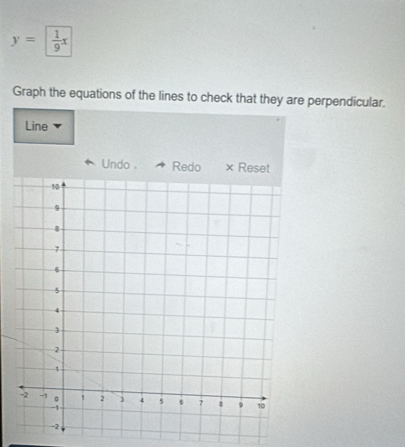 y= 1/9 x
Graph the equations of the lines to check that they are perpendicular. 
Line 
Undo . Redo × Reset