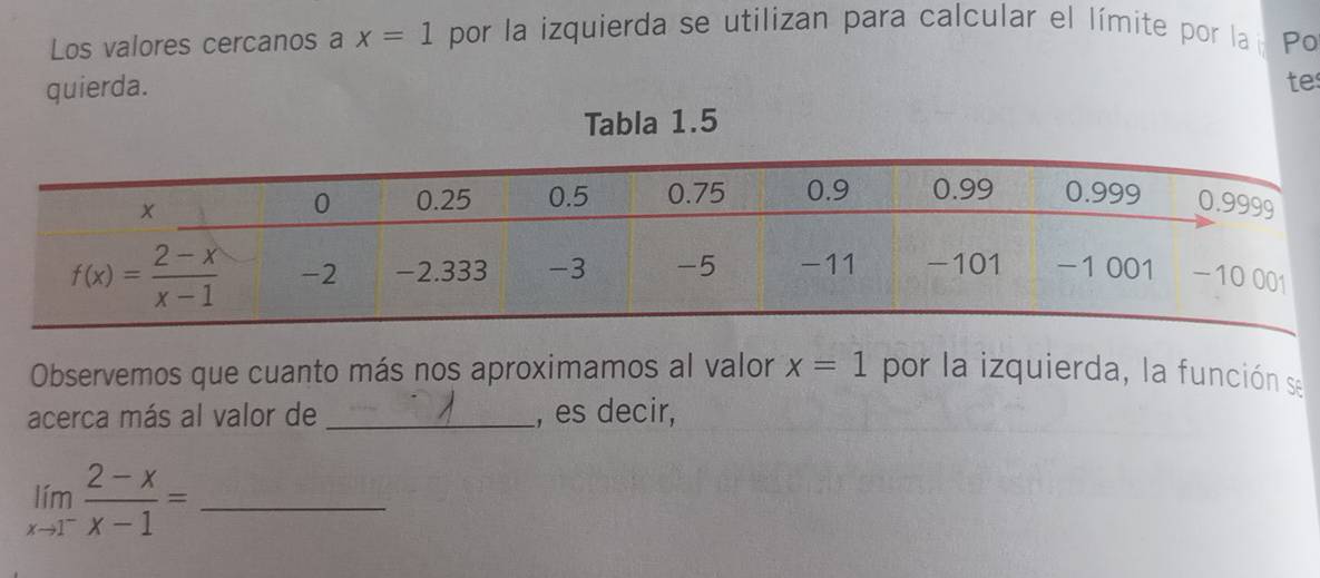 Los valores cercanos a x=1 por la izquierda se utilizan para calcular el límite por la Po
quierda.
te
Tabla 1.5
Observemos que cuanto más nos aproximamos al valor x=1 por la izquierda, la función se
acerca más al valor de _, es decir,
limlimits _xto 1^- (2-x)/x-1 = _