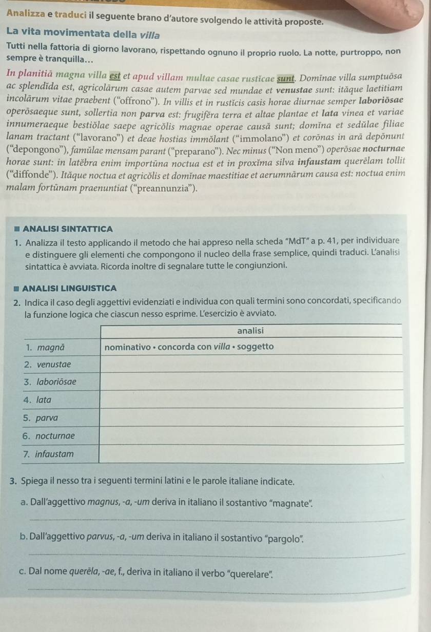 Analizza e traduci il seguente brano d’autore svolgendo le attività proposte.
La vita movimentata della villa
Tutti nella fattoria di giorno lavorano, rispettando ognuno il proprio ruolo. La notte, purtroppo, non
sempre è tranquilla...
In planitiā magna villa est et apud villam multae casae rusticae sunt. Domīnae villa sumptuōsa
ac splendïda est, agricolārum casae autem parvae sed mundae et venustae sunt: ităque laetitiam
incolārum vitae praebent (“offrono”). In villis et in rustĭcis casis horae diurnae semper laboriōsae
operōsaeque sunt, sollertia non parva est: frugifěra terra et altae plantae et lata vinea et variae
innumeraeque bestiŏlae saepe agricŏlis magnae operae causă sunt; domǐna et sedŭlae filiae
lanam tractant (“lavorano”) et deae hostias immŏlant (“immolano”) et corōnas in arā depōnunt
(“depongono”), famŭlae mensam parant (“preparano”). Nec minus (“Non meno”) operōsae nocturnae
horae sunt: in latěbra enim importūna noctua est et in proxǐma silva infaustam querēlam tollit
(“diffonde”). Ităque noctua et agricŏlis et domǐnae maestitiae et aerumnārum causa est: noctua enim
malam fortūnam praenuntiat (“preannunzia”).
a ANALISI SINTATTICA
1. Analizza il testo applicando il metodo che hai appreso nella scheda “MdT” a p. 41, per individuare
e distinguere gli elementi che compongono il nucleo della frase semplice, quindi traduci. Lanalisi
sintattica è avviata. Ricorda inoltre di segnalare tutte le congiunzioni.
ANALISI LINGUISTICA
2. Indica il caso degli aggettivi evidenziati e individua con quali termini sono concordati, specificando
la funzione logica che ciascun nesso esprime. L'esercizio è avviato.
3. Spiega il nesso tra i seguenti termini latini e le parole italiane indicate.
a. Dall’aggettivo magnus, -a, -um deriva in italiano il sostantivo “magnate”.
_
b. Dall’aggettivo parvus, -a, -um deriva in italiano il sostantivo “pargolo”.
_
c. Dal nome querēla, -σe, f., deriva in italiano il verbo “querelare”.
_