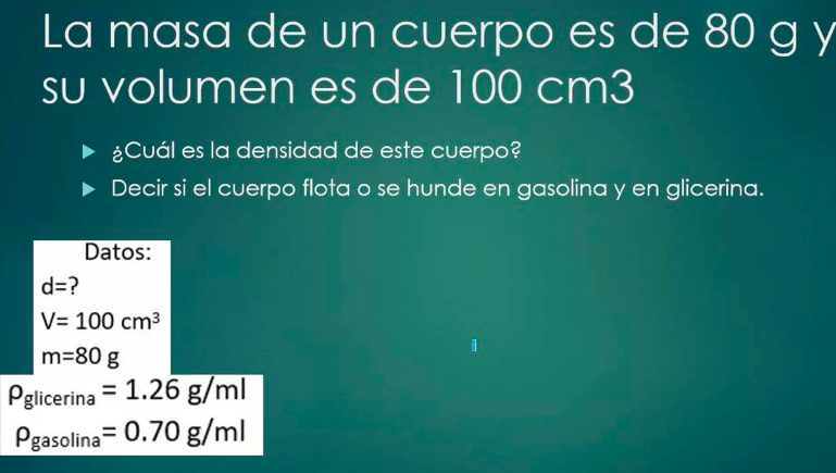 La masa de un cuerpo es de 80 g y 
su volumen es de 100 cm3
¿Cuál es la densidad de este cuerpo? 
Decir si el cuerpo flota o se hunde en gasolina y en glicerina. 
Datos:
d= ?
V=100cm^3
m=80g
P_glicerina=1.2overline 6g/ml
Pgasolina=0.70g/ml