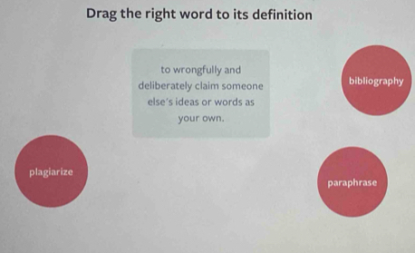 Drag the right word to its definition 
to wrongfully and 
deliberately claim someone 
else's ideas or words as 
your own. 
plagiarize