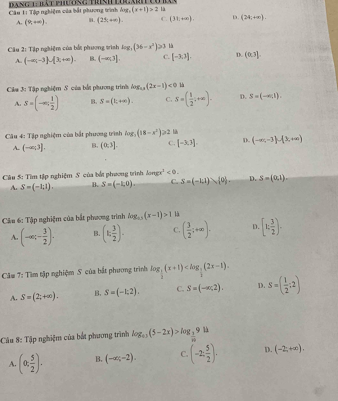 Dang 1: bât phương trình logàrit có bàn
Câu 1: Tập nghiệm của bất phương trình log _5(x+1)>2 là
A. (9;+∈fty ). B. (25;+∈fty ). C. (31;+∈fty ). D. (24;+∈fty ).
Câu 2: Tập nghiệm của bất phương trình log _3(36-x^2)≥slant 3 là
A. (-∈fty ;-3]∪ [3;+∈fty ). B. (-∈fty ;3]. C. [-3;3]. D. (0;3].
Câu 3: Tập nghiệm S của bất phương trình log _0,8(2x-1)<0</tex> là
A. S=(-∈fty ; 1/2 ) B. S=(1;+∈fty ). C. S=( 1/2 ;+∈fty ). D. S=(-∈fty ;1).
Câu 4: Tập nghiệm của bất phương trình log _3(18-x^2)≥slant 2 là
B.
A. (-∈fty ;3]. (0;3].
C, [-3;3].
D. (-∈fty ;-3]∪ [3;+∈fty )
Câu 5: Tìm tập nghiệm S của bất phương trình longx^2<0.
A. S=(-1;1).
B. S=(-1;0).
C. S=(-1;1) 0 . D. S=(0;1).
*  Câu 6: Tập nghiệm của bất phương trình log _0.5(x-1)>1 là
A. (-∈fty ;- 3/2 ).
B. (1; 3/2 ).
C. ( 3/2 ;+∈fty ). [1; 3/2 ).
D.
Câu 7: Tìm tập nghiệm S của bất phương trình log _ 1/2 (x+1)
A. S=(2;+∈fty ). S=(-1;2). C. S=(-∈fty ;2). D. S=( 1/2 ;2)
B.
Câu 8: Tập nghiệm của bất phương trình log _0.3(5-2x)>log _ 3/10 9|a
D. (-2;+∈fty ).
A. (0; 5/2 ).
B. (-∈fty ;-2).
C. (-2; 5/2 ).