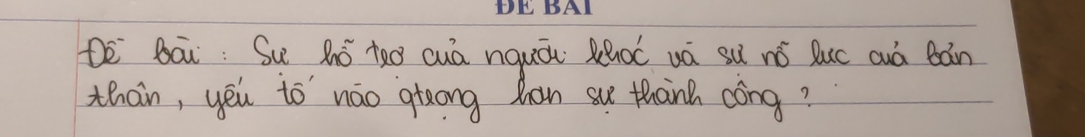 De Bāi: Su zhó tǎo cuá nquāi Kàoc uá sú nó luc auà bán 
than, yeu to náo qtong hhan su thanh cóng?