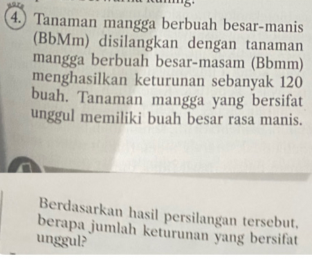 5 
4.) Tanaman mangga berbuah besar-manis 
(BbMm) disilangkan dengan tanaman 
mangga berbuah besar-masam (Bbmm) 
menghasilkan keturunan sebanyak 120
buah. Tanaman mangga yang bersifat 
unggul memiliki buah besar rasa manis. 
Berdasarkan hasil persilangan tersebut, 
berapa jumlah keturunan yang bersifat 
unggul?