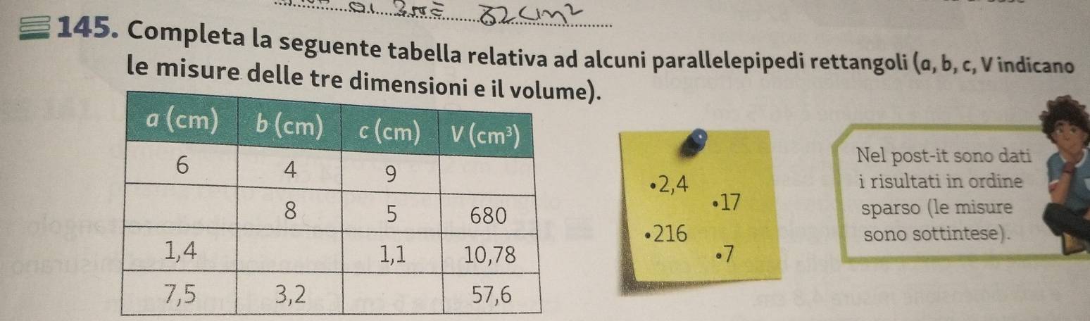 Completa la seguente tabella relativa ad alcuni parallelepipedi rettangoli (α, b, c, V indicano
le misure delle tre dimee).
Nel post-it sono dati
•2,4 i risultati in ordine
sparso (le misure
•17
216 sono sottintese).
.7