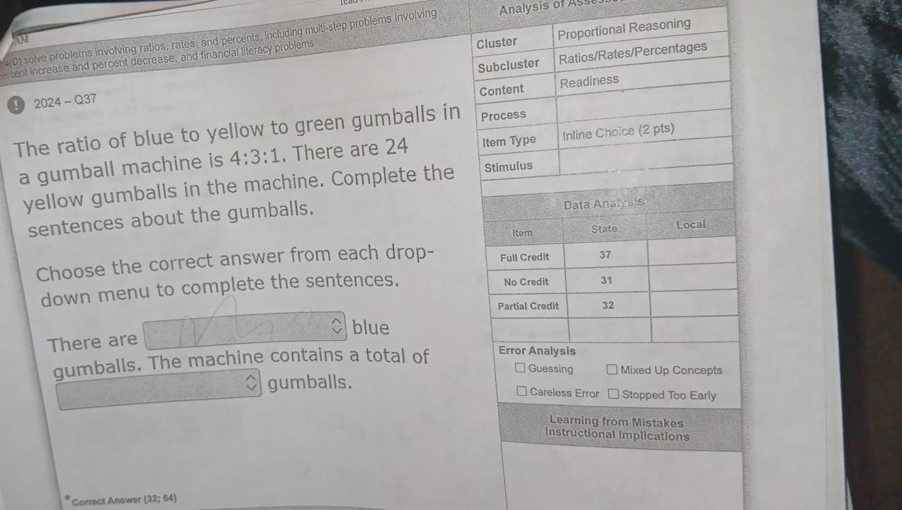 Analysis of Asse 
_(D) solve problems involving ratios, rates, and percents, including multi-step problems involving AM 
Proportional Reasoning 
ercent increase and percent decrease, and financial literacy problems Cluster 
! 2024 - Q37 Subcluster Ratios/Rates/Percentages 
Content Readiness 
The ratio of blue to yellow to green gumballs in Process 
a gumball machine is 4:3:1. There are 24 Item Type Inline Choice (2 pts) 
yellow gumballs in the machine. Complete the Stimulus 
sentences about the gumballs. Data Analysis 
Item State Local 
Choose the correct answer from each drop- Full Credit 37 
down menu to complete the sentences. 
No Credit 31 
Partial Credit 
blue 
There are 32
gumballs. The machine contains a total of Error Analysis 
Guessing Mixed Up Concepts 
gumballs. Stopped Too Early 
Careless Error 
Learning from Mistakes 
Instructional Implications 
Correct Answer (32;6 4)