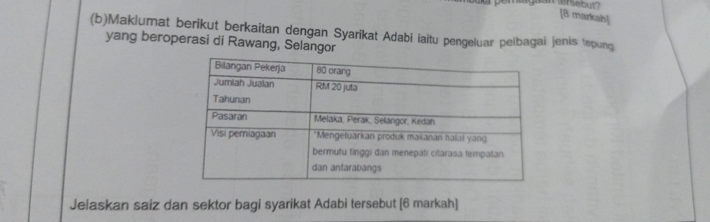 lagaan tersebut ? 
[8 markah] 
(b)Maklumat berikut berkaitan dengan Syarikat Adabi iaitu pengeluar pelbagai jenis tepung 
yang beroperasi di Rawang, Selangor 
Jelaskan saiz dan sektor bagi syarikat Adabi tersebut [6 markah]