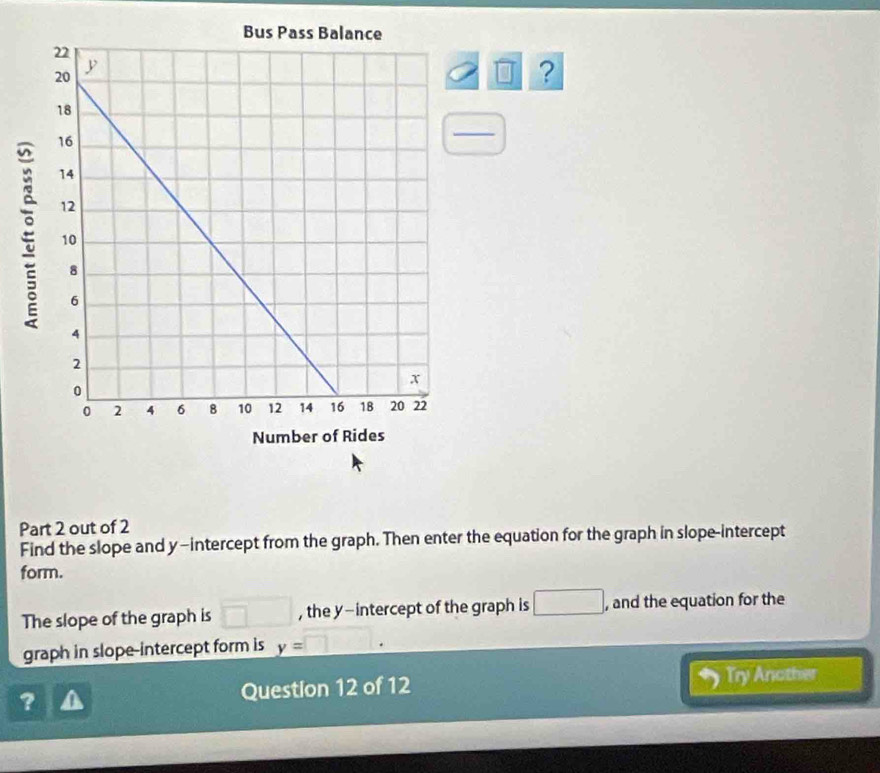 ? 

_ 
Part 2 out of 2 
Find the slope and y —intercept from the graph. Then enter the equation for the graph in slope-intercept 
form. 
The slope of the graph is , the y -intercept of the graph is □ , and the equation for the 
graph in slope-intercept form is y=
? 
Question 12 of 12 Try Another