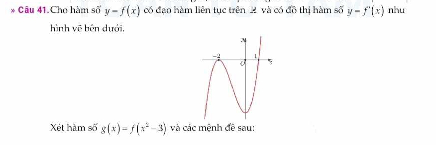 Câu 41.Cho hàm số y=f(x) có đạo hàm liên tục trên và có đồ thị hàm số y=f'(x) như
hình vẽ bên dưới.
Xét hàm số g(x)=f(x^2-3) và các mệnh đề sau: