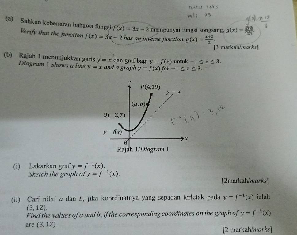 Sahkan kebenaran bahawa fungsi f(x)=3x-2 męmpunyai fungsi songsang, g(x)=
Verify that the function f(x)=3x-2 has an inverse function, g(x)= (x+2)/2 . 
[3 markah/marks] 
(b) Rajah 1 menunjukkan garis y=x dan graf bagi y=f(x) untuk -1≤ x≤ 3. 
Diagram 1 shows a line y=x and a graph y=f(x) for -1≤ x≤ 3.
y
P(4,19)
y=x
(a,b)
Q(-2,7)
y=f(x)
x
0 
Rajah 1/Diagram 1 
(i) Lakarkan graf y=f^(-1)(x). 
Sketch the graph of y=f^(-1)(x). 
[2markah/marks] 
(ii) Cari nilai a dan b, jika koordinatnya yang sepadan terletak pada y=f^(-1)(x) ialah
(3,12). 
Find the values of a and b, if the corresponding coordinates on the graph of y=f^(-1)(x)
are (3,12). 
[2 markah/marks]