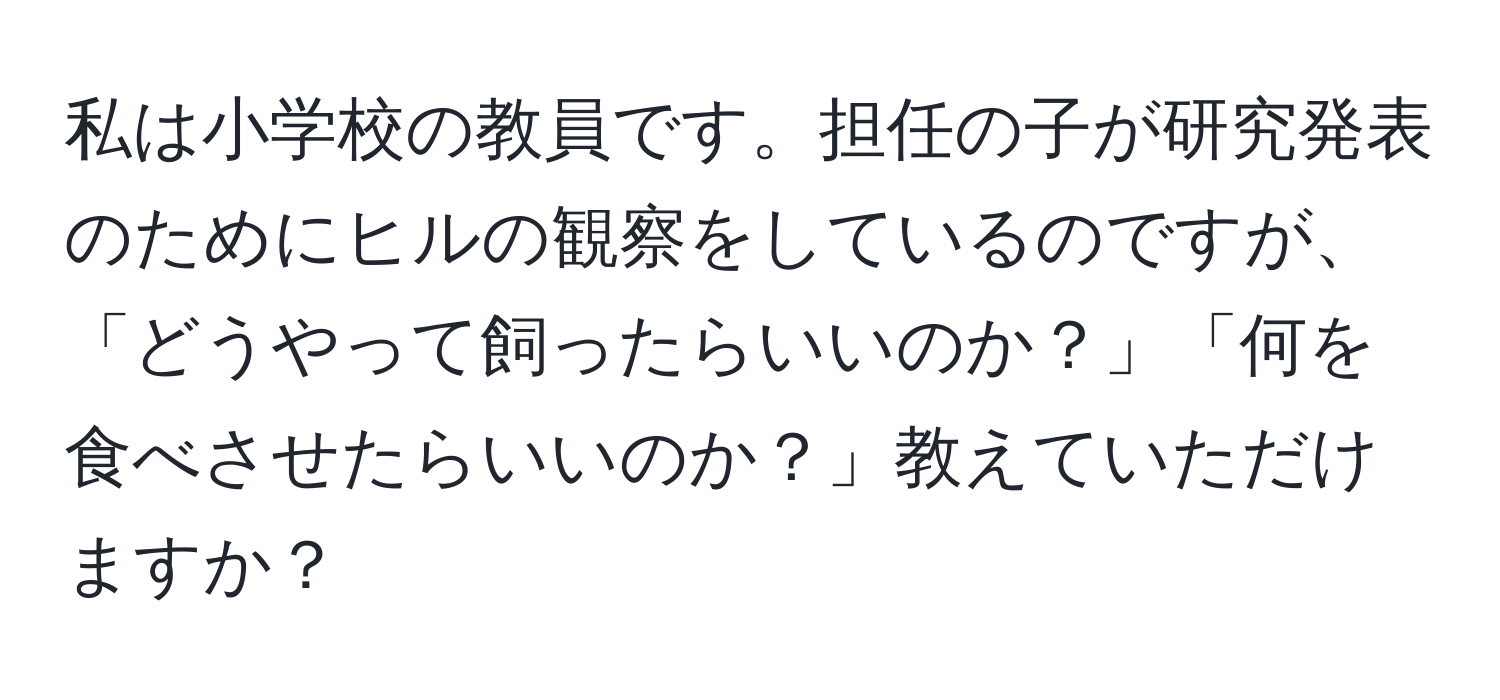 私は小学校の教員です。担任の子が研究発表のためにヒルの観察をしているのですが、「どうやって飼ったらいいのか？」「何を食べさせたらいいのか？」教えていただけますか？