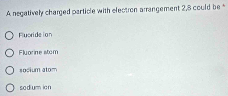 A negatively charged particle with electron arrangement 2,8 could be *
Fluoride ion
Fluorine atom
sodium atom
sodium ion