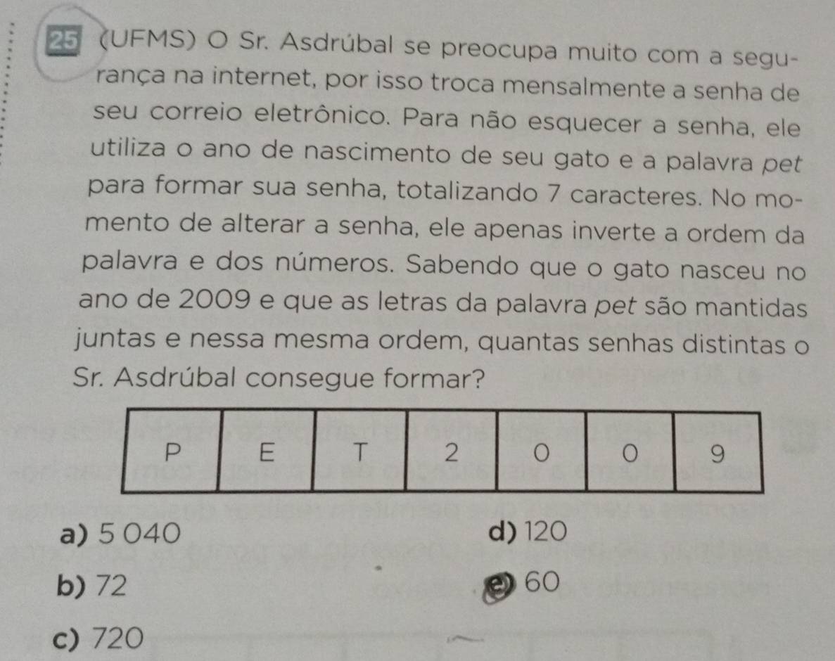 25 (UFMS) O Sr. Asdrúbal se preocupa muito com a segu-
rança na internet, por isso troca mensalmente a senha de
seu correio eletrônico. Para não esquecer a senha, ele
utiliza o ano de nascimento de seu gato e a palavra pet
para formar sua senha, totalizando 7 caracteres. No mo-
mento de alterar a senha, ele apenas inverte a ordem da
palavra e dos números. Sabendo que o gato nasceu no
ano de 2009 e que as letras da palavra pet são mantidas
juntas e nessa mesma ordem, quantas senhas distintas o
Sr. Asdrúbal consegue formar?
a) 5 040 d) 120
b) 72 e 60
c) 720