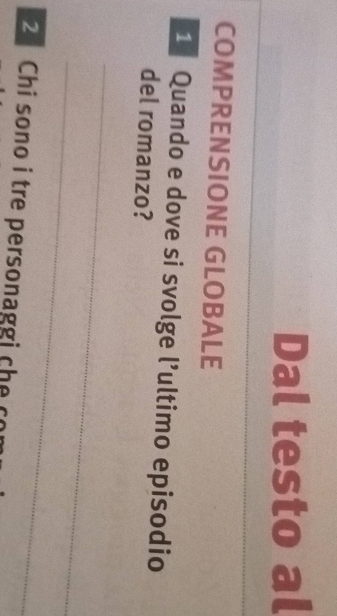 Dal testo al 
COMPRENSIONE GLOBALE 
1 Quando e dove si svolge l’ultimo episodio 
del romanzo? 
_ 
_ 
2Chi sono i tre personaggi che con