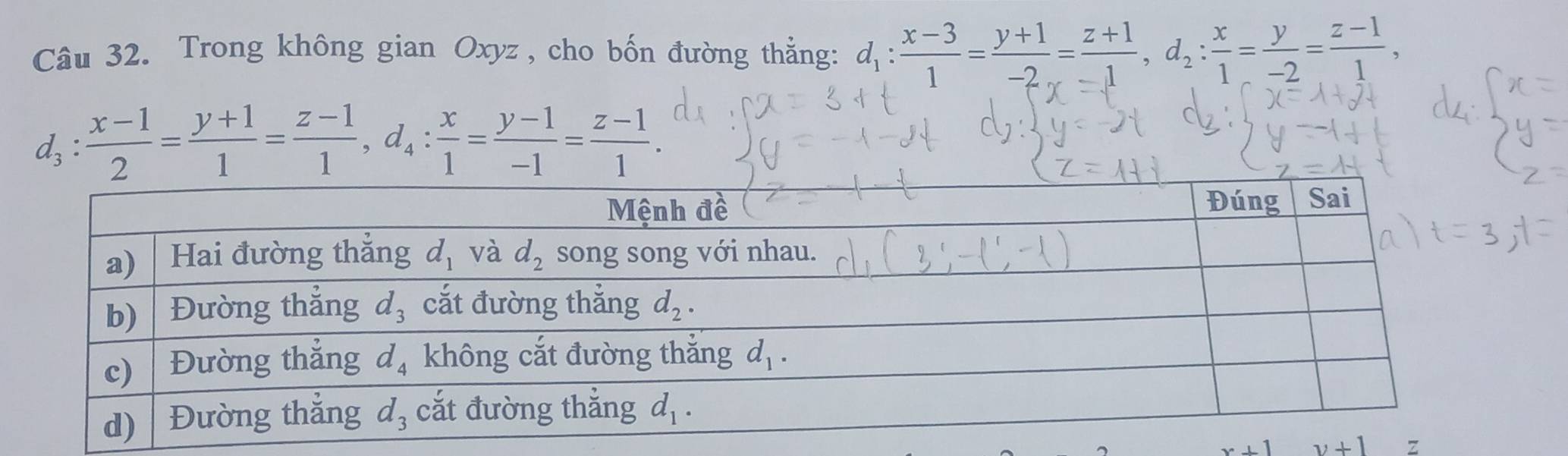 Trong không gian Oxyz , cho bốn đường thẳng: d_1: (x-3)/1 =frac y+1-2_x= (z+1)/-1 ,d_2: x/1 = y/-2 = (z-1)/1 ,
d_3: (x-1)/2 = (y+1)/1 = (z-1)/1 ,d_4: x/1 = (y-1)/-1 = (z-1)/1 