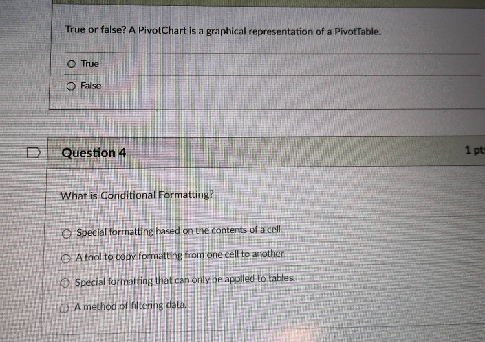 Solved: True or false? A PivotChart is a graphical representation of a ...