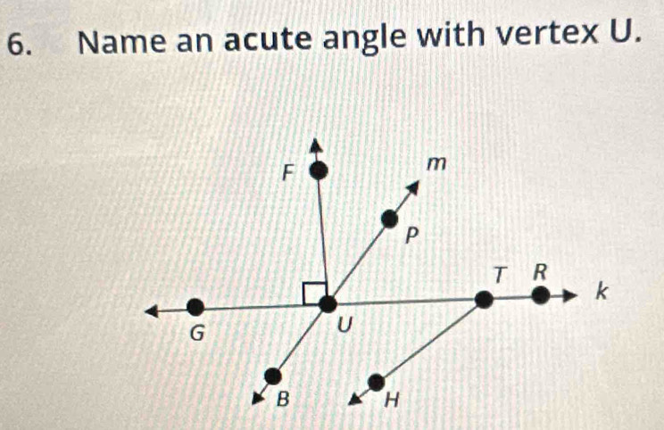 Name an acute angle with vertex U.