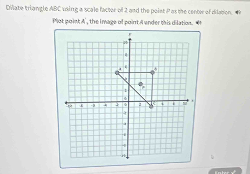 Dilate triangle ABC using a scale factor of 2 and the point P as the center of dilation. 
Plot point A ', the image of point A under this dilation. 
Enter