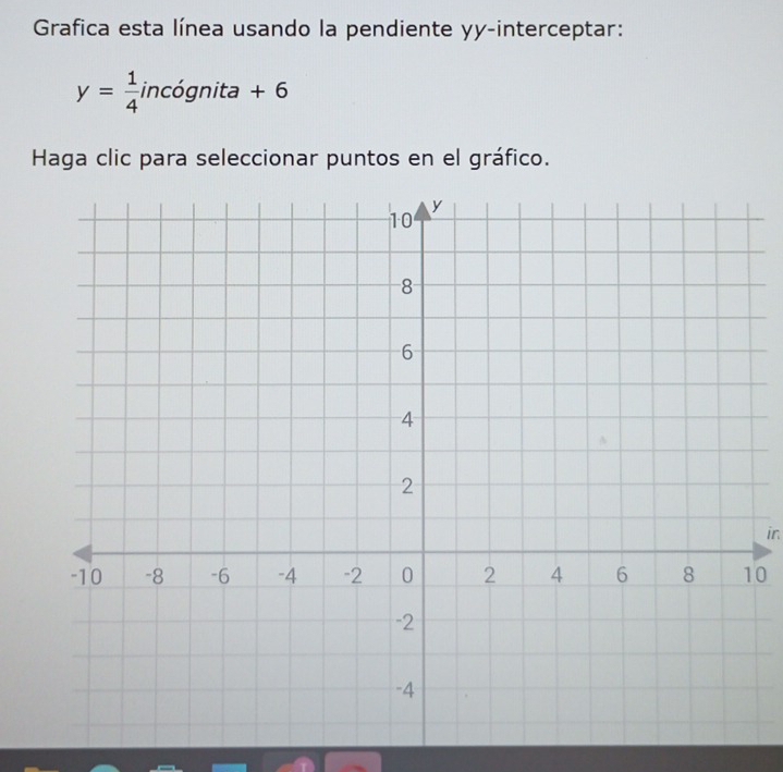 Grafica esta línea usando la pendiente yy-interceptar:
y= 1/4 incognita+6
Haga clic para seleccionar puntos en el gráfico. 
in
0