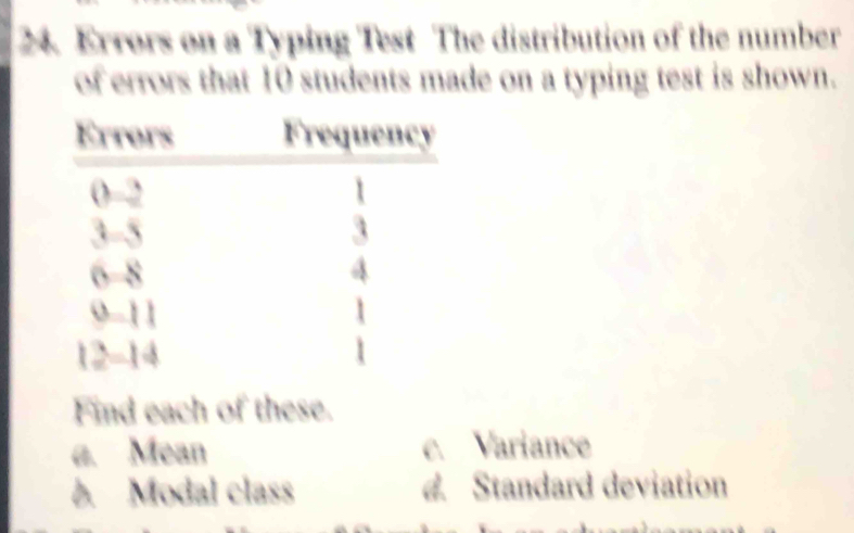 Errors on a Typing Test The distribution of the number
of errors that 10 students made on a typing test is shown.
Find each of these.
a. Mean c. Variance
Modal class d. Standard deviation