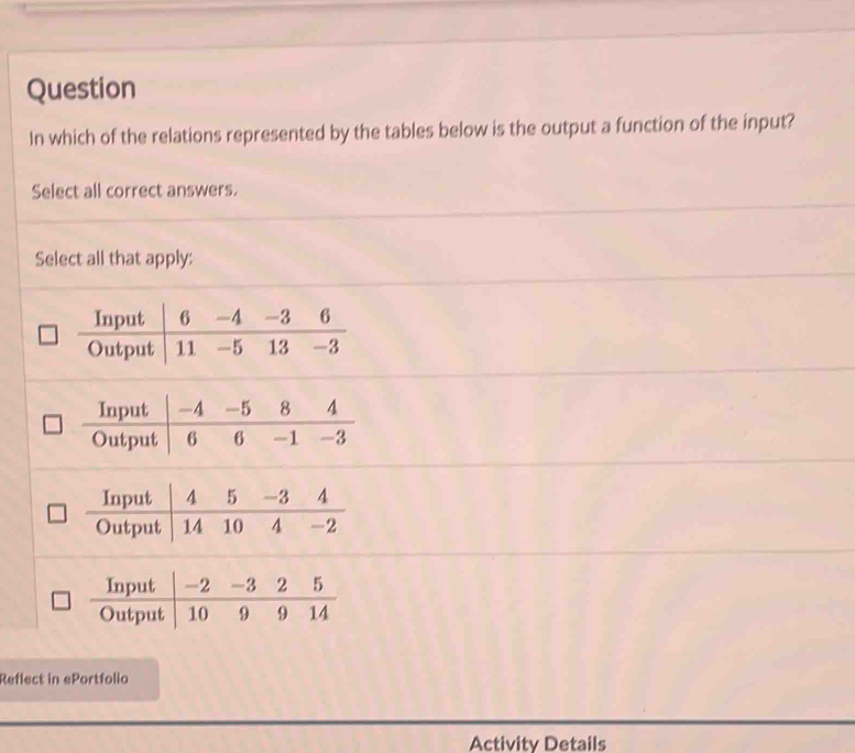 Question 
In which of the relations represented by the tables below is the output a function of the input? 
Select all correct answers. 
Select all that apply: 
Input 6 -4 -3 6
Output 11 -5 13 -3
Input 4 5 -3 4
Output 14 10 4 -2
Reflect in ePortfolio 
Activity Details