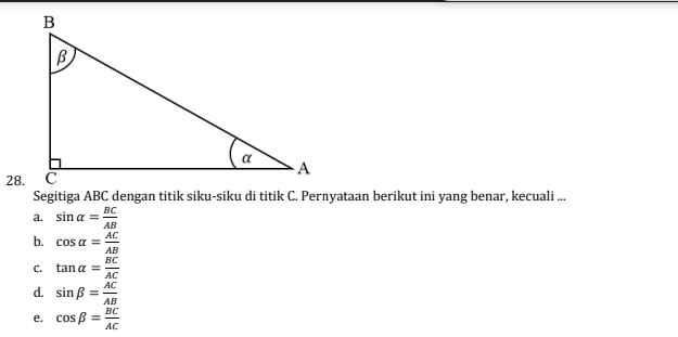 Segitiga ABC dengan titik siku-siku di titik C. Pernyataan berikut ini yang benar, kecuali ...
a. sin alpha = BC/AB 
b. cos alpha = AC/AB 
C. tan alpha = BC/AC 
d. sin beta = AC/AB 
e. cos beta = BC/AC 