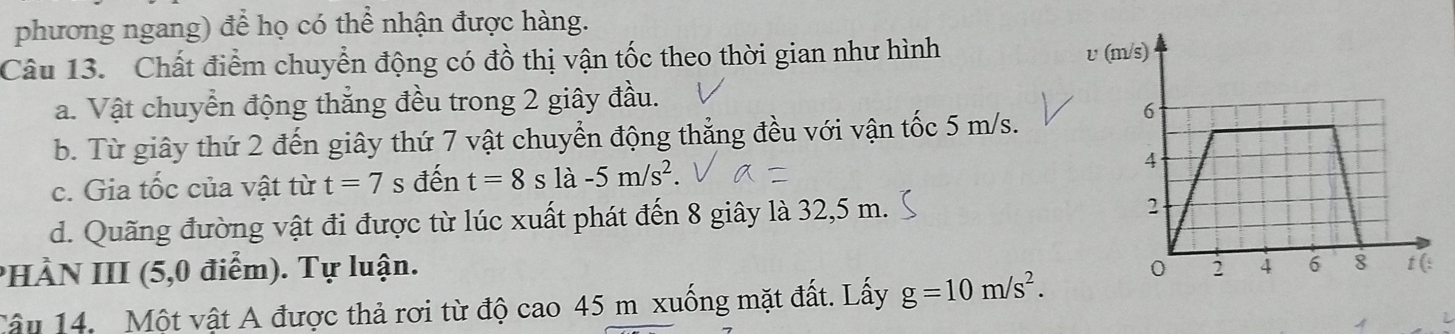 phương ngang) để họ có thể nhận được hàng. 
Câu 13. Chất điểm chuyển động có đồ thị vận tốc theo thời gian như hình 
a. Vật chuyển động thắng đều trong 2 giây đầu. 
b. Từ giây thứ 2 đến giây thứ 7 vật chuyển động thẳng đều với vận tốc 5 m/s. 
c. Gia tốc của vật từ t=7 s đến t=8sla-5m/s^2. 
d. Quãng đường vật đi được từ lúc xuất phát đến 8 giây là 32,5 m. 
PHÀN III (5,0 điểm). Tự luận. 
Câu 14. Một vật A được thả rơi từ độ cao 45 m xuống mặt đất. Lấy g=10m/s^2.