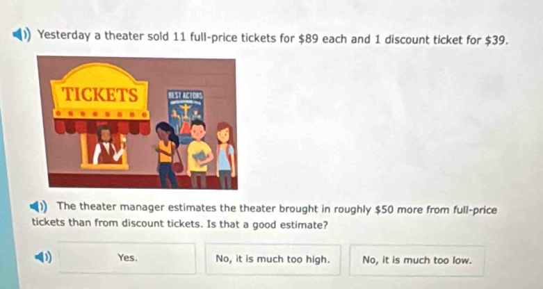 Yesterday a theater sold 11 full-price tickets for $89 each and 1 discount ticket for $39.
The theater manager estimates the theater brought in roughly $50 more from full-price
tickets than from discount tickets. Is that a good estimate?
01 Yes. No, it is much too high. No, it is much too low.