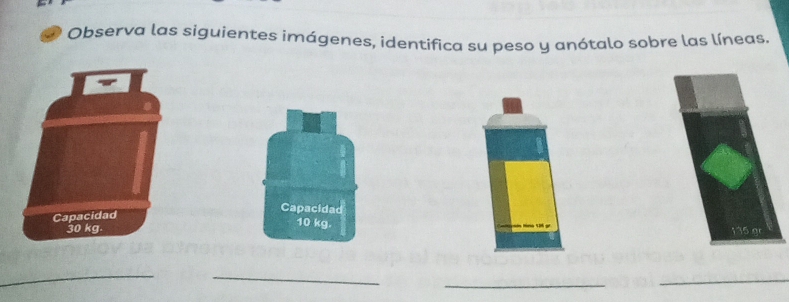 Observa las siguientes imágenes, identifica su peso y anótalo sobre las líneas. 
Capacidad
10 kg

_ 
_ 
_ 
_