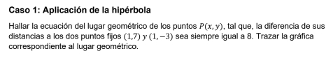 Caso 1: Aplicación de la hipérbola 
Hallar la ecuación del lugar geométrico de los puntos P(x,y) , tal que, la diferencia de sus 
distancias a los dos puntos fijos (1,7) y (1,-3) sea siempre igual a 8. Trazar la gráfica 
correspondiente al lugar geométrico.