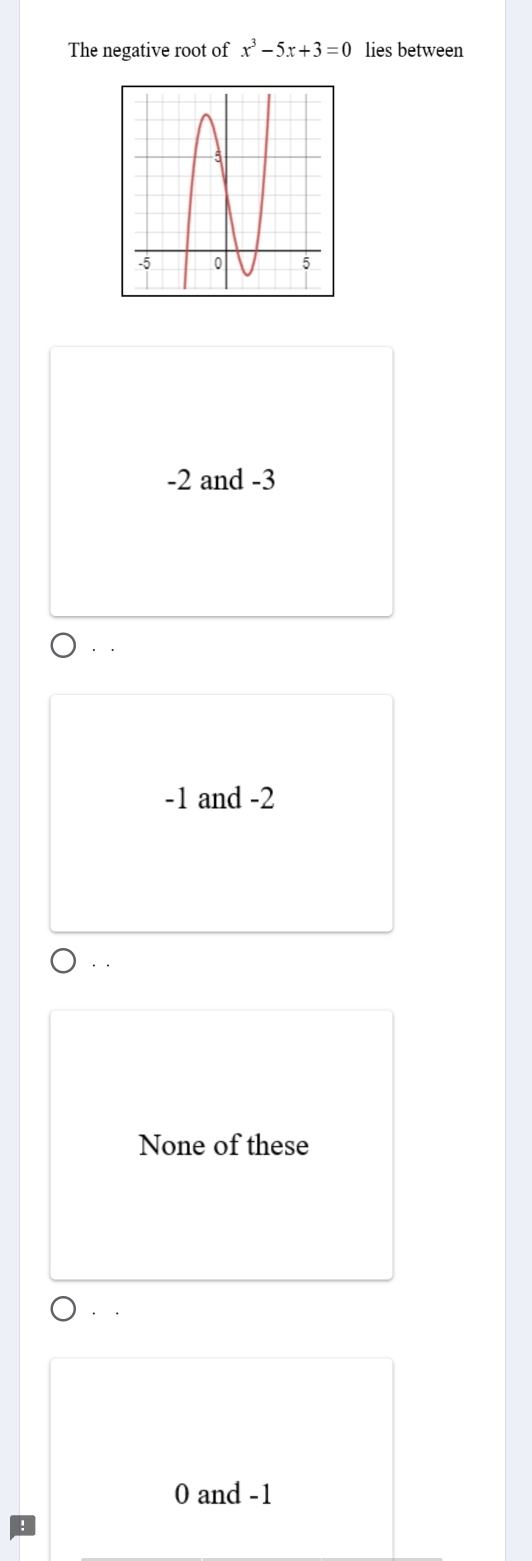 The negative root of x^3-5x+3=0 lies between
-2 and -3..
-1 and -2
·.
None of these
. .
0 and -1