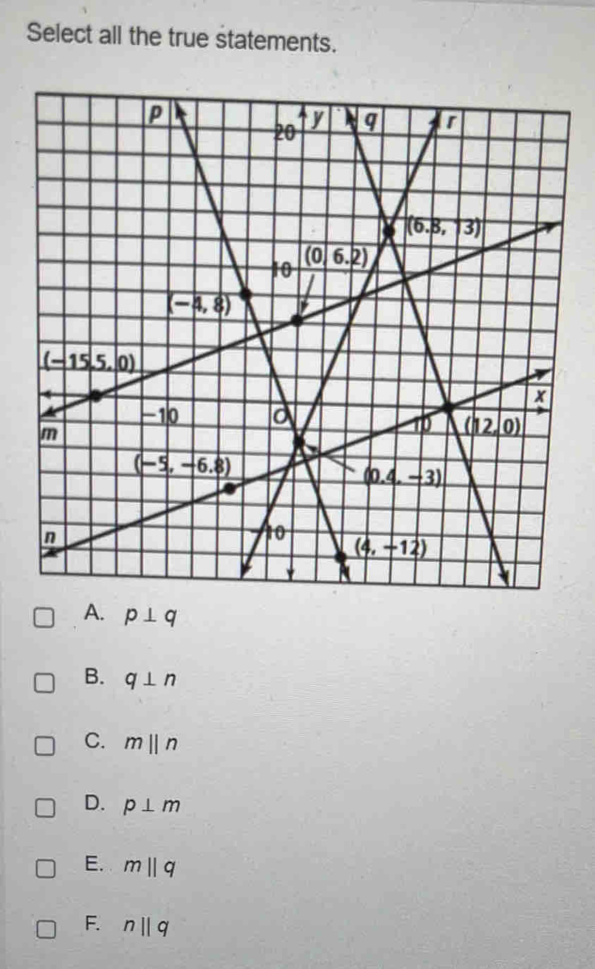 Select all the true statements.
A. p⊥ q
B. q⊥ n
C. mparallel n
D. p⊥ m
E. mparallel q
F. nparallel q