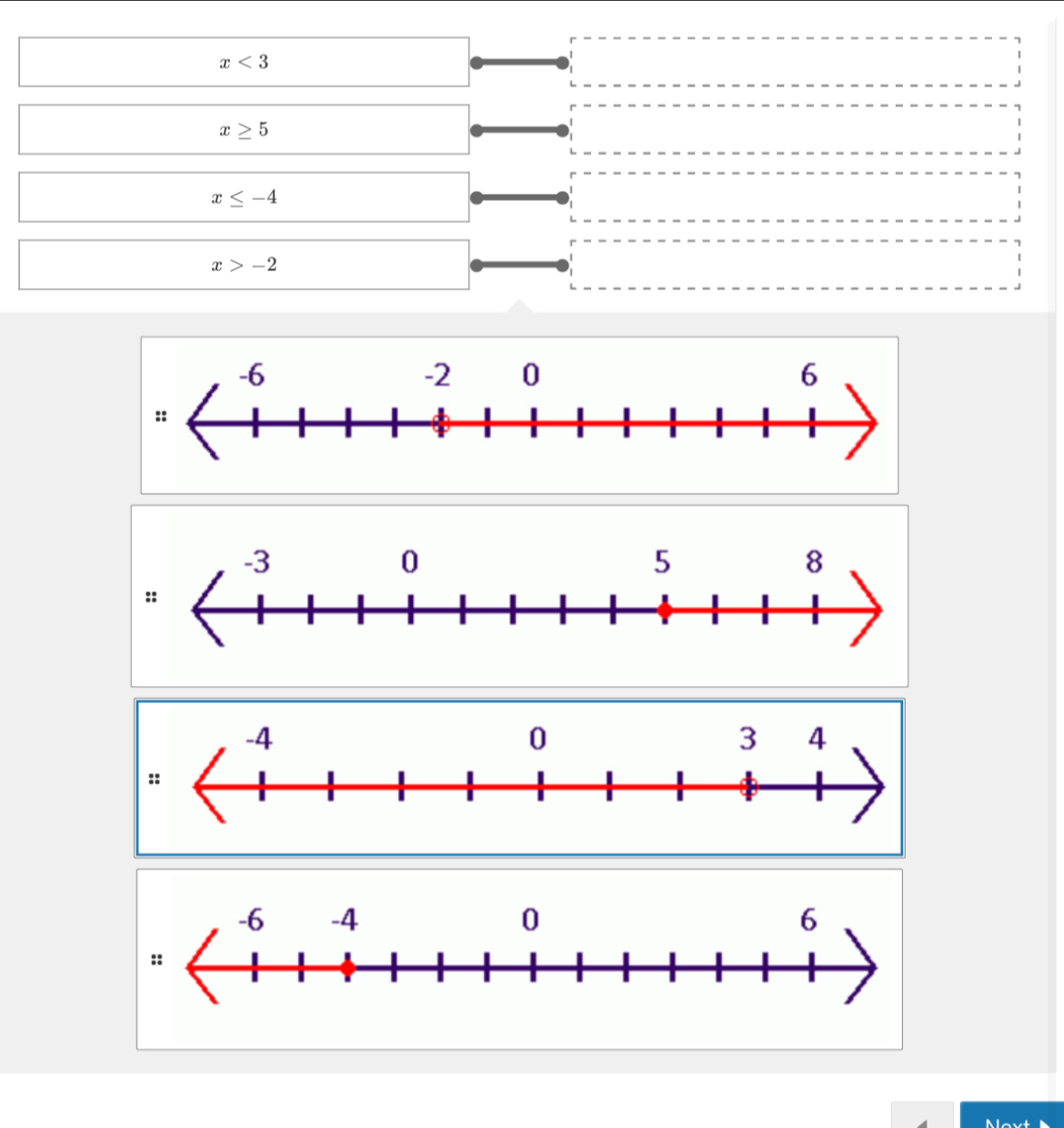 x<3</tex>
x≥ 5
x≤ -4
x>-2