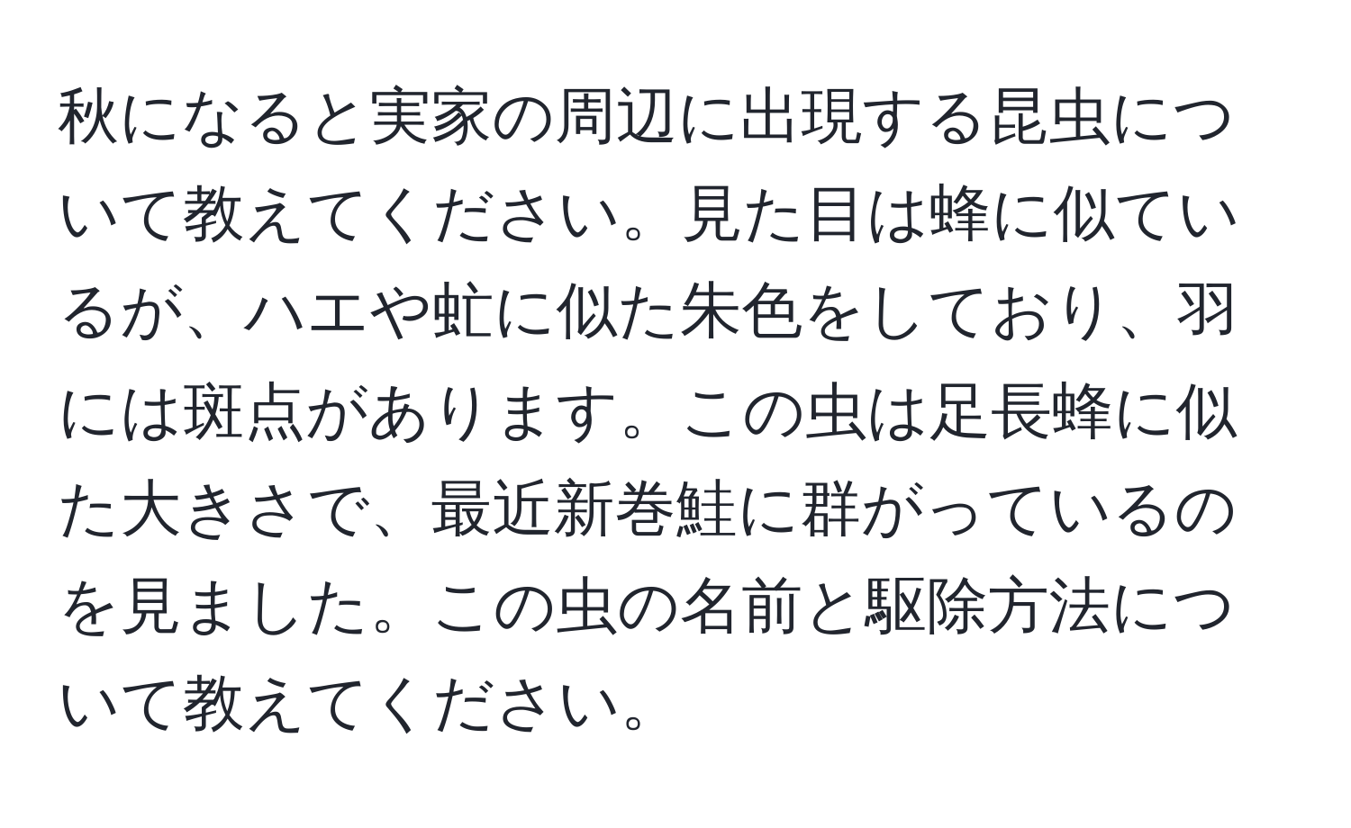 秋になると実家の周辺に出現する昆虫について教えてください。見た目は蜂に似ているが、ハエや虻に似た朱色をしており、羽には斑点があります。この虫は足長蜂に似た大きさで、最近新巻鮭に群がっているのを見ました。この虫の名前と駆除方法について教えてください。