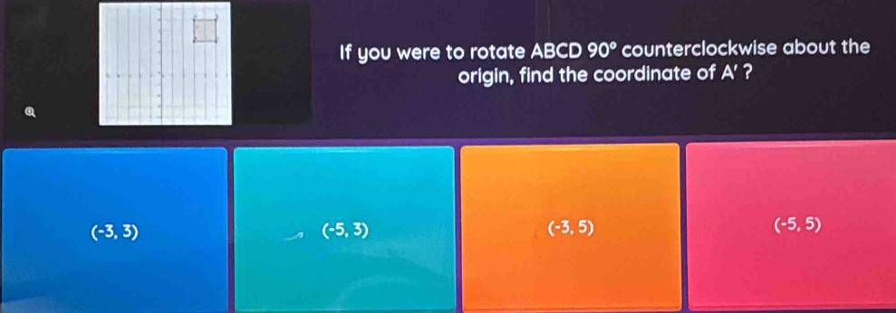 If you were to rotate ABCD 90° counterclockwise about the
origin, find the coordinate of A' ?
(-3,3)
(-5,3)
(-3,5)
(-5,5)