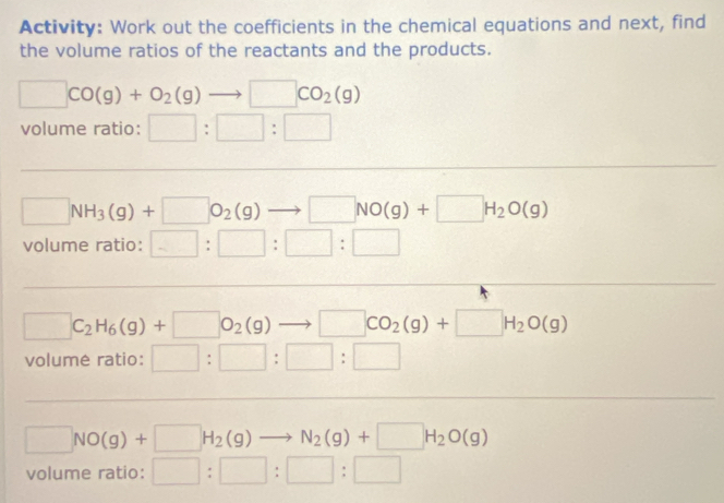 Activity: Work out the coefficients in the chemical equations and next, find 
the volume ratios of the reactants and the products.
□ CO(g)+O_2(g)to □ CO_2(g)
volume ratio: □ :□ :□
□ NH_3(g)+□ O_2(g)to □ NO(g)+□ H_2O(g)
volume ratio: □ :□ :□ :□^
□ C_2H_6(g)+□ O_2(g)to □ CO_2(g)+□ H_2O(g)
volume ratio: □ :□ :□ :□
□ NO(g)+□ H_2(g)to N_2(g)+□ H_2O(g)
volume ratio: □ :□ :□ :□