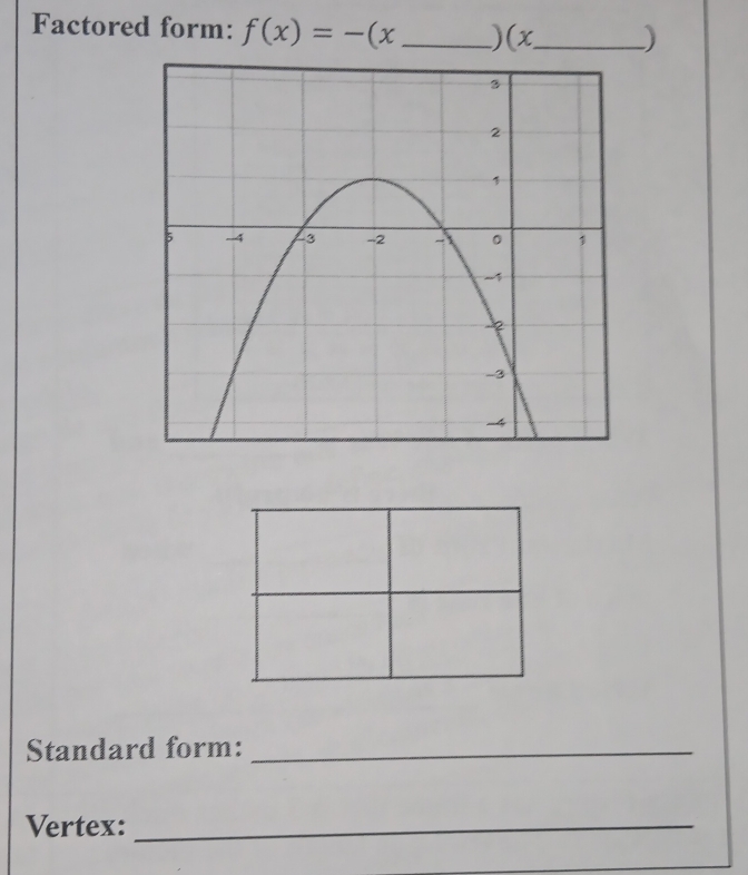 Factored form: f(x)=-(x _ )(x_  )
Standard form:_ 
Vertex:_