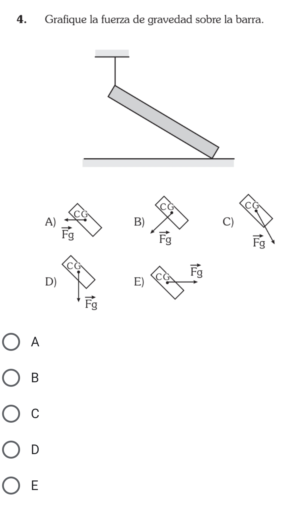 Grafique la fuerza de gravedad sobre la barra.
A) CG
B)
C)
vector Fg
D)
E)
A
B
C
D
E