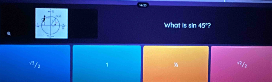 14/23
What is sin 45° ?
v3/2 1 ½ V2/2