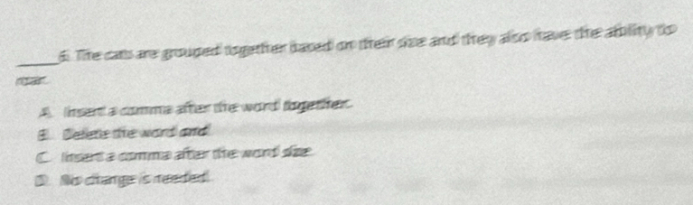 The cats are grouped together baved on their sze and they also haves the ablity to
A insend a comms after the word t gether
B Delete the word and
C lnset a comma ater the word sze
D. Mis cange is readed!