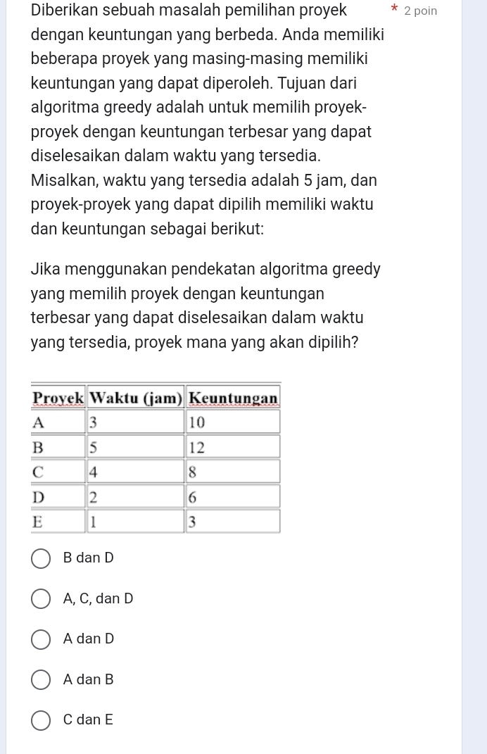 Diberikan sebuah masalah pemilihan proyek 2 poin
dengan keuntungan yang berbeda. Anda memiliki
beberapa proyek yang masing-masing memiliki
keuntungan yang dapat diperoleh. Tujuan dari
algoritma greedy adalah untuk memilih proyek-
proyek dengan keuntungan terbesar yang dapat
diselesaikan dalam waktu yang tersedia.
Misalkan, waktu yang tersedia adalah 5 jam, dan
proyek-proyek yang dapat dipilih memiliki waktu
dan keuntungan sebagai berikut:
Jika menggunakan pendekatan algoritma greedy
yang memilih proyek dengan keuntungan
terbesar yang dapat diselesaikan dalam waktu
yang tersedia, proyek mana yang akan dipilih?
B dan D
A, C, dan D
A dan D
A dan B
C dan E