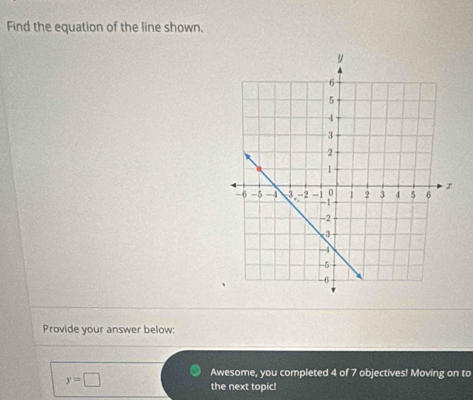 Find the equation of the line shown, 
Provide your answer below:
y=□
Awesome, you completed 4 of 7 objectives! Moving on to 
the next topic!