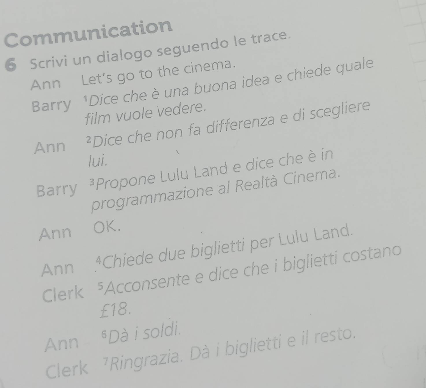 Communication 
6 Scrivi un dialogo seguendo le trace. 
Ann Let’s go to the cinema. 
Barry ¹Dice che è una buona idea e chiede quale 
film vuole vedere. 
Ann ²Dice che non fa differenza e di scegliere 
lui. 
Barry 3 Propone Lulu Land e dice che è in 
programmazione al Realtà Cinema. 
Ann OK. 
Ann *Chiede due biglietti per Lulu Land. 
Clerk 5 Acconsente e dice che i biglietti costano
£18. 
Ann Dà i soldi. 
Clerk 7Ringrazia. Dà i biglietti e il resto.