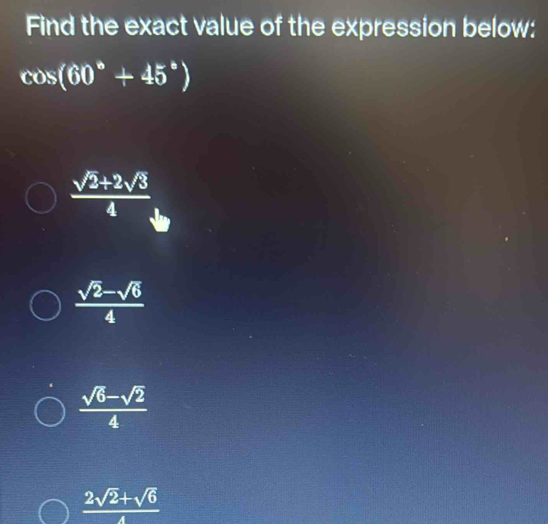 Resuelto:Find the exact value of the expression below: cos (60°+45 ...