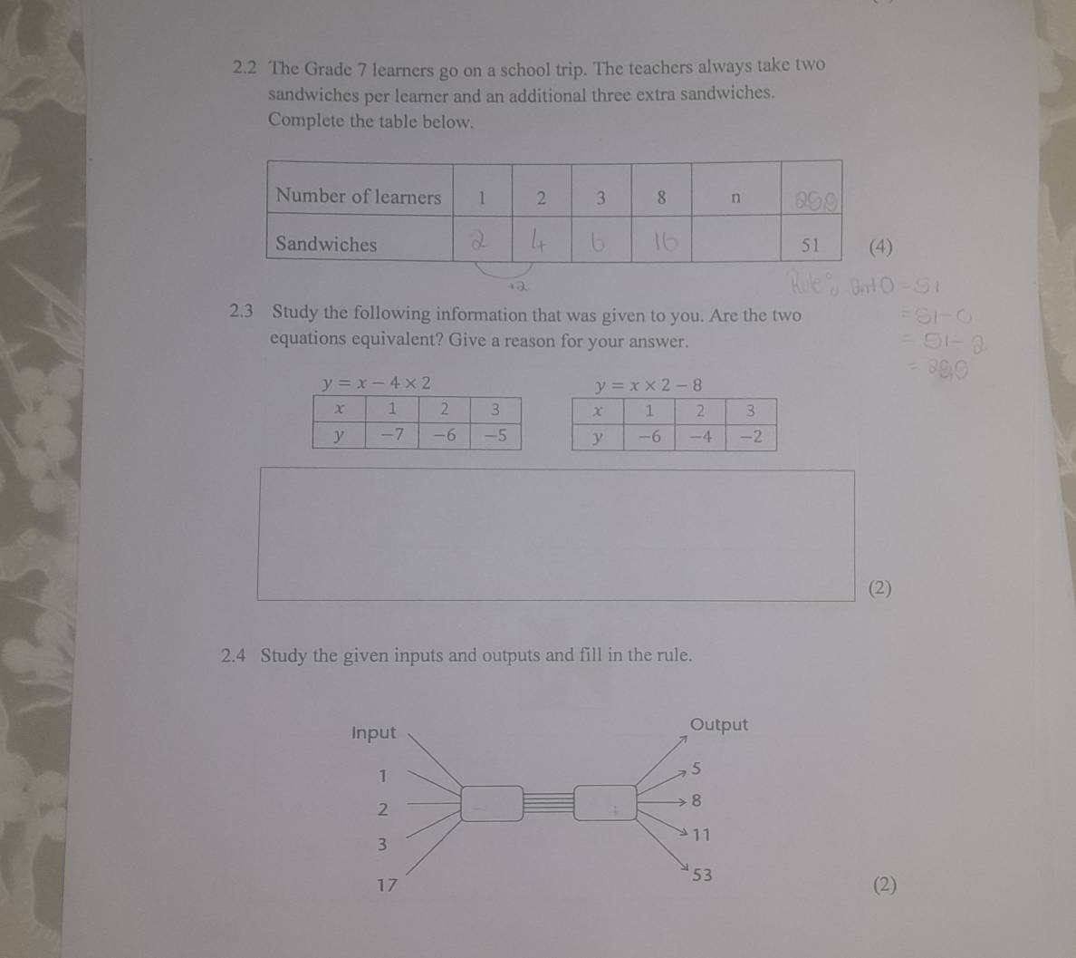 2.2 The Grade 7 learners go on a school trip. The teachers always take two
sandwiches per learner and an additional three extra sandwiches.
Complete the table below.
2.3 Study the following information that was given to you. Are the two
equations equivalent? Give a reason for your answer.
y=x-4* 2
y=x* 2-8

(2)
2.4 Study the given inputs and outputs and fill in the rule.
(2)