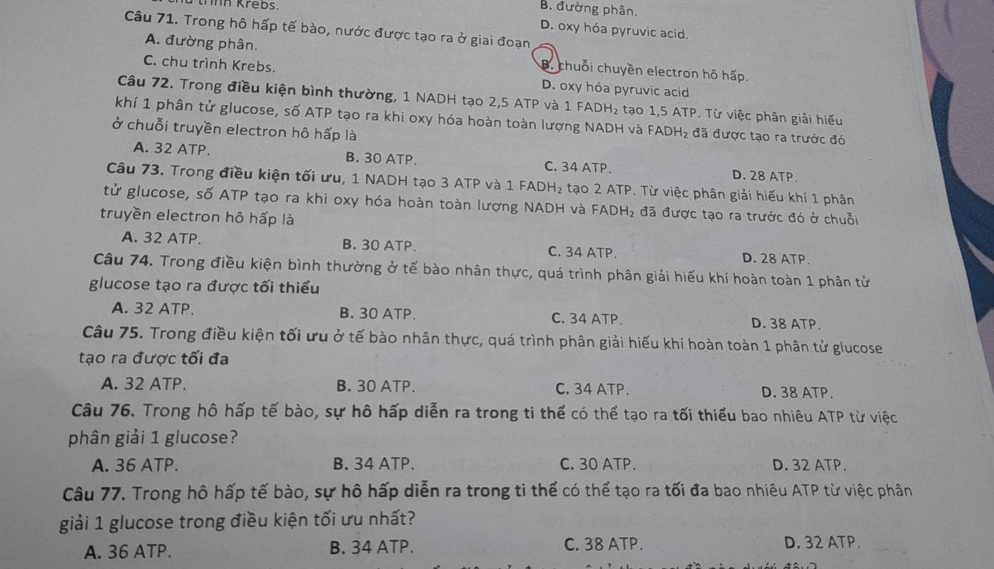 thình Krebs.
B. đường phân.
Câu 71. Trong hô hấp tế bào, nước được tạo ra ở giai đoạn
D. oxy hóa pyruvic acid.
A. đường phân. B. chuỗi chuyền electron hô hấp.
C. chu trình Krebs. D. oxy hóa pyruvic acid
Câu 72. Trong điều kiện bình thường, 1 NADH tạo 2,5 ATP và 1 FADH₂ tạo 1,5 ATP. Từ việc phân giải hiếu
khí 1 phân tử glucose, số ATP tạo ra khi oxy hóa hoàn toàn lượng NADH và FADH₂ đã được tạo ra trước đó
ở chuỗi truyền electron hô hấp là
A. 32 ATP. B. 30 ATP. C. 34 ATP. D. 28 ATP.
Câu 73. Trong điều kiện tối ưu, 1 NADH tạo 3 ATP và 1 FADH₂ tạo 2 ATP. Từ việc phân giải hiếu khí 1 phân
tử glucose, số ATP tạo ra khi oxy hóa hoàn toàn lượng NADH và FADH_2 đã được tạo ra trước đó ở chuỗi
truyền electron hô hấp là
A. 32 ATP. B. 30 ATP. C. 34 ATP. D. 28 ATP.
Câu 74. Trong điều kiện bình thường ở tế bào nhân thực, quá trình phân giải hiếu khí hoàn toàn 1 phân tử
glucose tạo ra được tối thiểu
A. 32 ATP. B. 30 ATP. C. 34 ATP. D. 38 ATP.
Câu 75. Trong điều kiện tối ưu ở tế bào nhân thực, quá trình phân giải hiếu khí hoàn toàn 1 phân tử glucose
tạo ra được tối đa
A. 32 ATP. B. 30 ATP. C. 34 ATP. D. 38 ATP.
Câu 76. Trong hô hấp tế bào, sự hô hấp diễn ra trong ti thể có thể tạo ra tối thiểu bao nhiêu ATP từ việc
phân giải 1 glucose?
A. 36 ATP. B. 34 ATP. C. 30 ATP. D. 32 ATP.
Câu 77. Trong hô hấp tế bào, sự hô hấp diễn ra trong ti thể có thể tạo ra tối đa bao nhiêu ATP từ việc phân
giải 1 glucose trong điều kiện tối ưu nhất?
A. 36 ATP. B. 34 ATP. C. 38 ATP. D. 32 ATP.