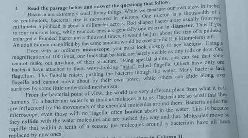 Read the passage below and answer the questions that follow. 
Bacteria are extremely small living things. While we measure our own sizes in inche
or centimeters, bacterial size is measured in microns. One micron is a thousandth of
millimeter a pinhead is about a millimeter across. Rod shaped bacteria are usually from tw 
to tour microns long, while rounded ones are generally one micron in diameter. Thus if yo 
enlarged a founded bacterium a thousand times, it would be just about the size of a pinhead 
An adult human magnified by the same amount would be over a mile (1.6 kilometers) tall. 
Even with an ordinary microscope, you must look closely to see bacteria. Using a 
magnification of 100 times, one finds that bacteria are barely visible as tiny rods or dots. On 
cannot make out anything of their structure. Using special stains, one can see that some 
bacteria have attached to them wavy-looking '''hairs' called flagella. Others have only on 
flagellum. The flagella rotate, pushing the bacteria though the water. Many bacteria lack 
flagella and cannot move about by their own power while others can glide along over 
surfaces by some little understood mechanism. 
From the bacterial point of view, the world is a very different place from what it is t 
humans. To a bacterium water is as thick as molasses is to us. Bacteria are so small that they 
are influenced by the movements of the chemical molecules around them. Bacteria under the 
microscope, even those with no flagella, often bounce about in the water. This is because 
they collide with the water molecules and are pushed this way and that. Molecules move so 
rapidly that within a tenth of a second the molecules around a bacterium have all beea 
replaced by new ones. n Column I.